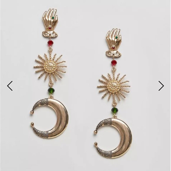 Nature Hand & Moon Statement Earrings - Ornate Dangles *Halloween Special* - Picture 8 of 13